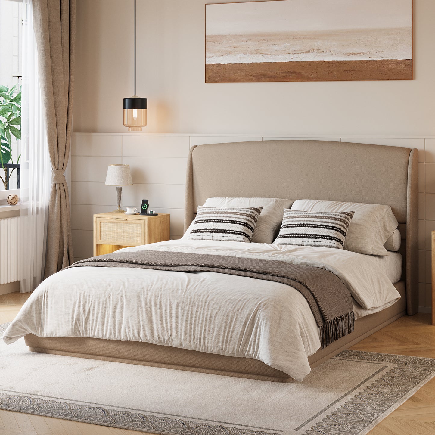 Upholstered Queen Bed Frame with Wingback Headboard, Low Profile Platform Bed with Padded Headboard, No Box Spring Needed, Easy Assembly, Elegant Linen Fabric, Brown image 1