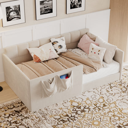 Twin Size Daybed Velvet Upholstered Sofa Bed with High Side Panels and Side Entrance, Space-Saving Guest Bed with Storage Pockets, Beige image 3