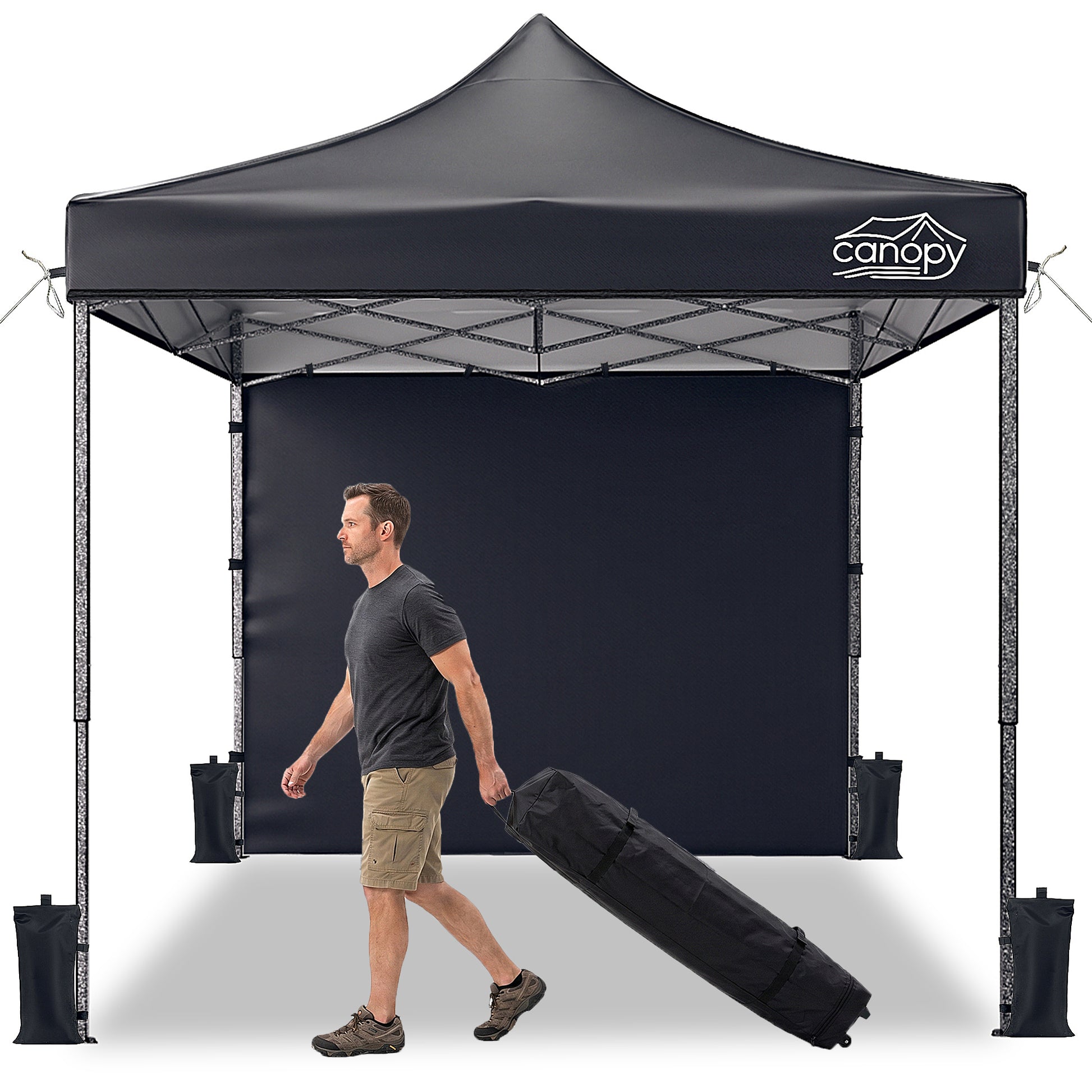 10x10 Pop Up Canopy Tent w/ 1 Sidewall, Black Speckled Steel Frame, Black Silver-Coated Top UPF50+ Water-Resistant, 4 Adjustable Heights (6.7-7.6 ft) Includes Sandbags Stakes Ropes Carry Bag for Beach image 1