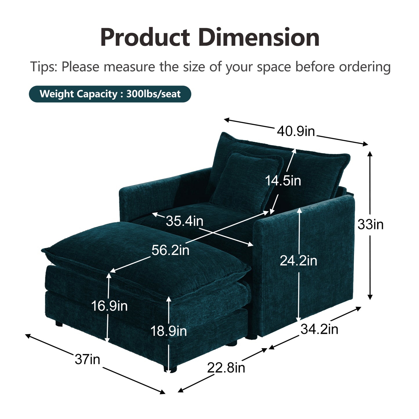Modern Accent Chair with Ottoman, Living Room Club Chair Chenille Upholstered Armchair, Reading Chair for Bedroom, Blue Chenille image 5