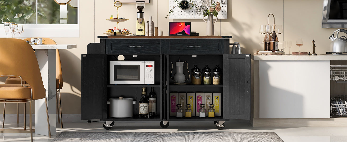 K&K 53.5''Farmhouse Kitchen Island with Power Outlet, Kitchen Storage Island with Drop Leaf, Spice Rack and Drawer, Rolling Kitchen Cart on Wheels, for Home, Kitchen and Dining Room, Black image 5