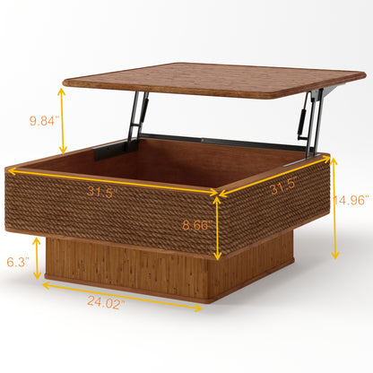 31.52"Square Rattan + Hemp Rope Coffee Table With Adjustable Storage Function, Featuring A Vintage Natural Style,for Dining Room, Kitchen And Living Room,Natural image 7