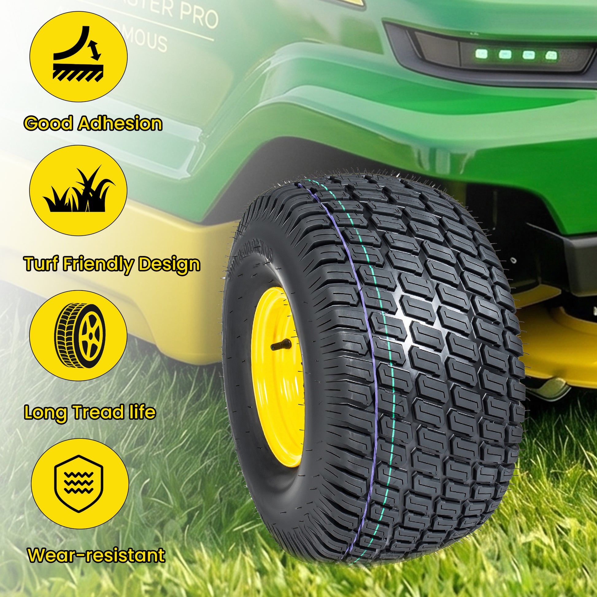 Set of 2 20x10.00-8 Lawn Mower Tires and Wheel Assembly, 4-Ply Tubeless Turf Tread Heavy Duty, 3.5" Centered Hub with 3/4" Bore and 3/16" Keyway, Yellow Steel Rim for Commercial Mowers, 1190 lbs Capac image 5