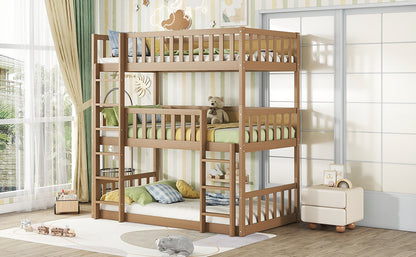 Twin Size Triple Rubber Wood Bunk Bed, with Ladders, Guardrails Detachable Bunk Bed, Twin over Twin over Twin,Natural image 10