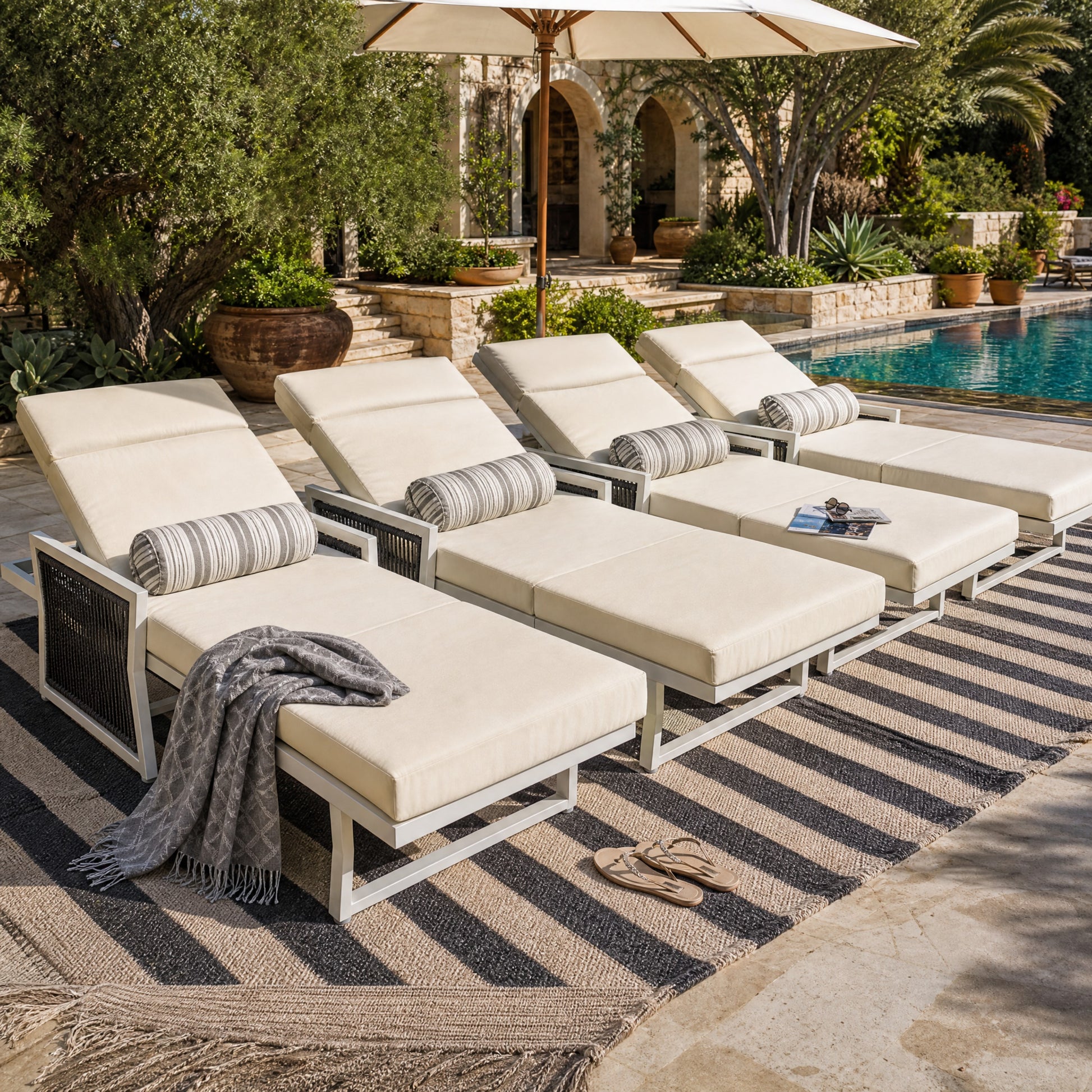 White Iron Outdoor Chaise Lounge with Black Rope Armrests, 4" Thick 4-Fold Beige Water Resistant Cushion with Built-In Headrest, 5-Position Adjustable, 400 LBS Capacity for Patio Pool Backyard image 7