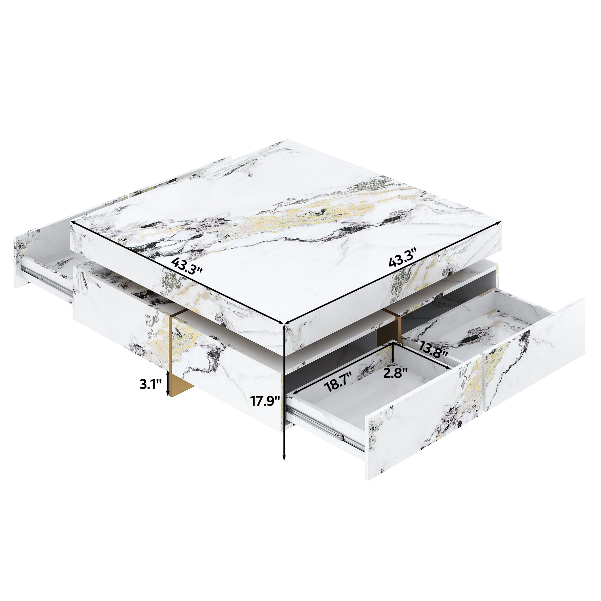 Modern Square Marble Textured Coffee table with 4 Drawers and Suspended Base, White, 43.3" image 7
