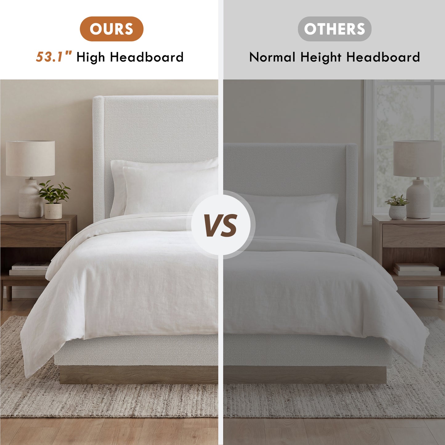 Hosford Upholstered Wingback Bed / Upholstered Wood Base Platform Bed / 52.5" High Headboard / Minimalist / Rusticity / No Box Spring Needed / King / Cream White Boucle / No Noise image 5