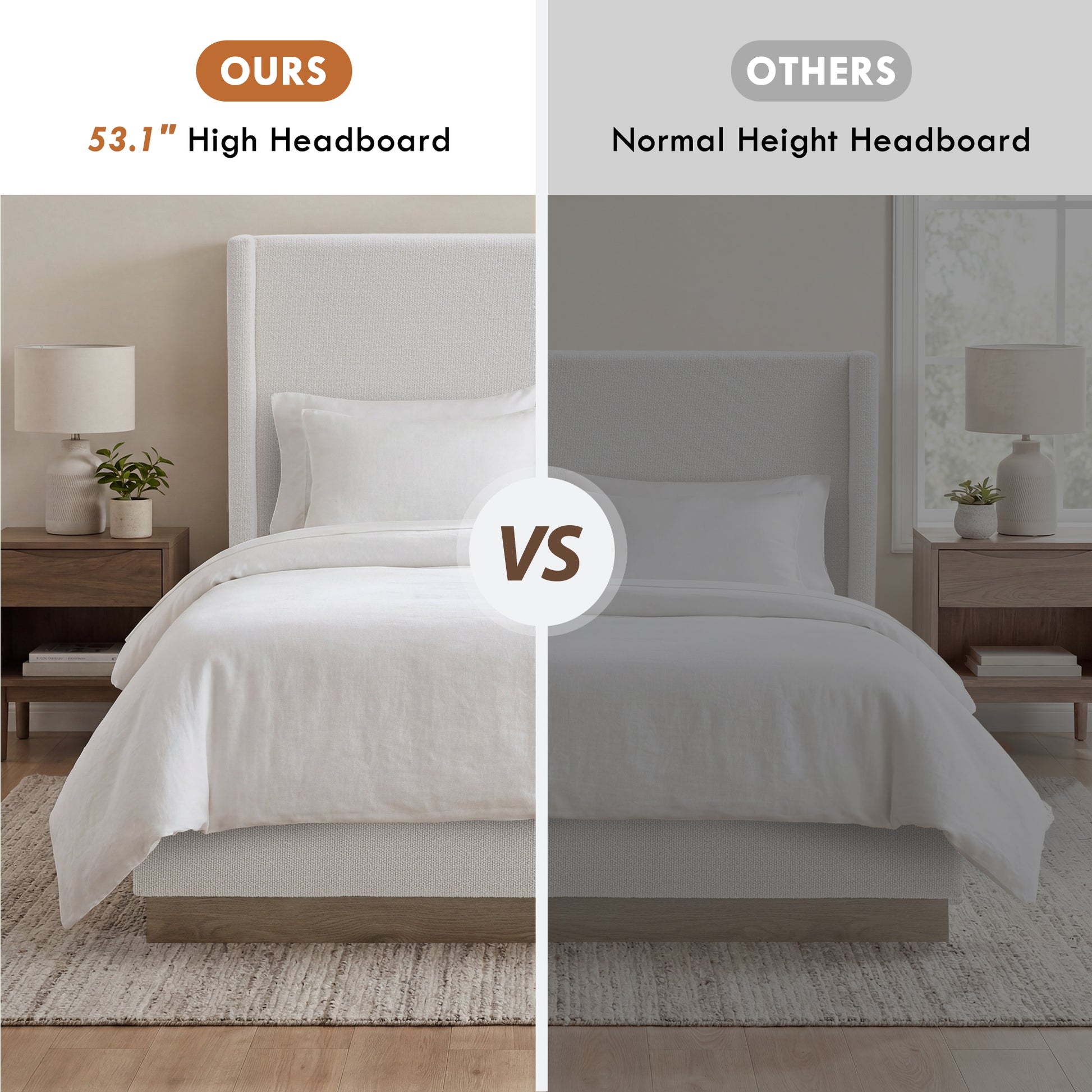 Hosford Upholstered Wingback Bed / Upholstered Wood Base Platform Bed / 52.5" High Headboard / Minimalist / Rusticity / No Box Spring Needed / King / Cream White Boucle / No Noise image 5