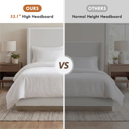 Hosford Upholstered Wingback Bed / Upholstered Wood Base Platform Bed / 52.5" High Headboard / Minimalist / Rusticity / No Box Spring Needed / King / Cream White Boucle / No Noise image 5