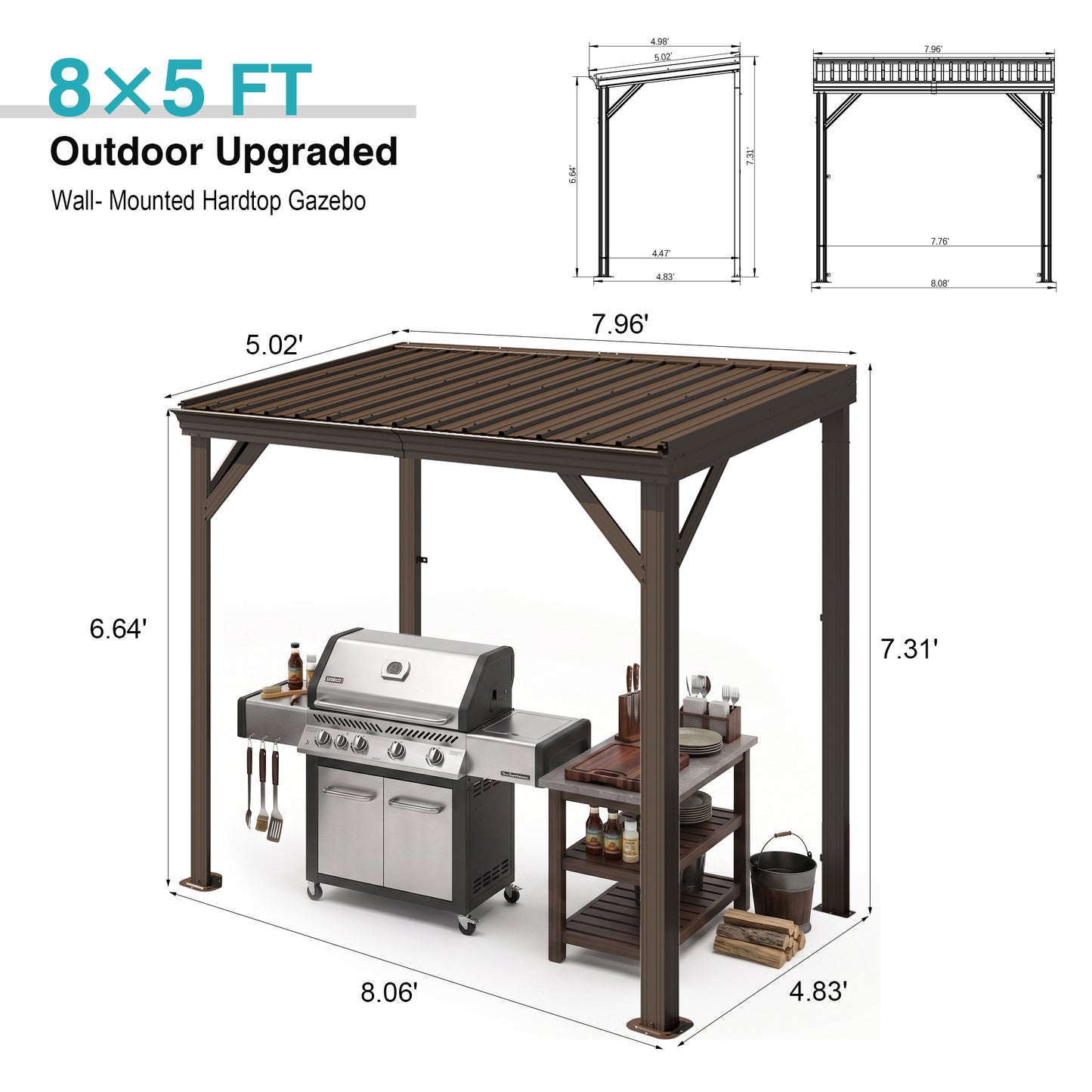 8x5FT Lean to Gazebo, Outdoor Hardtop Wall Mounted Gazebo with Sloping Galvanized Steel Roof, Upgraded Heavy Duty Mounted Shelter with Drainage System for Deck, Porch, Backyard,Brown image 2