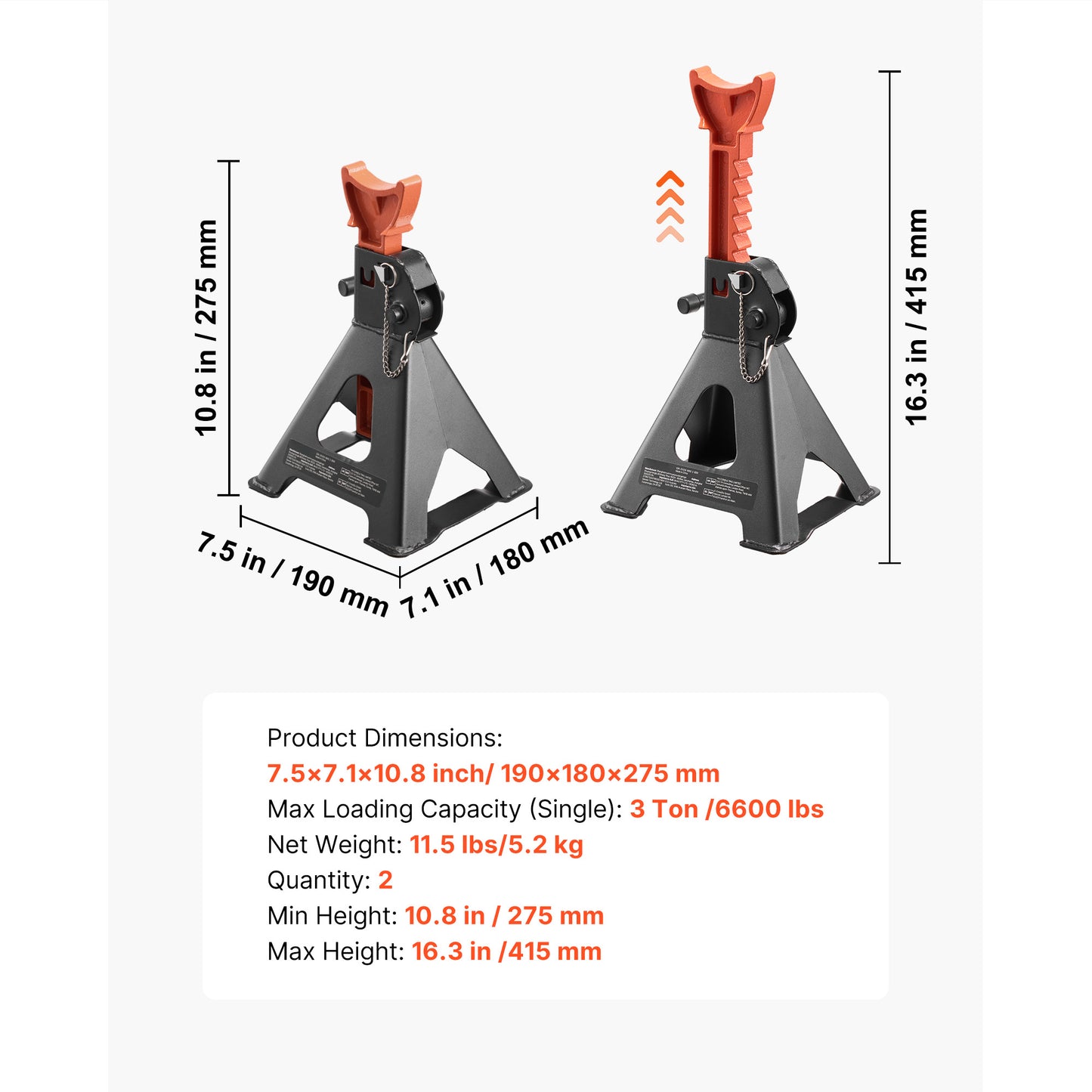 Jack Stands, 3 Ton (6,600 lbs) Capacity, 10.8-16.3 in Adjustable Height, Heavy Duty Steel Jack Auto Stands with Double Locking, for Lifting SUV, Pickup, Car, UTV/ATV, 1 Pair, Black and Orange image 7