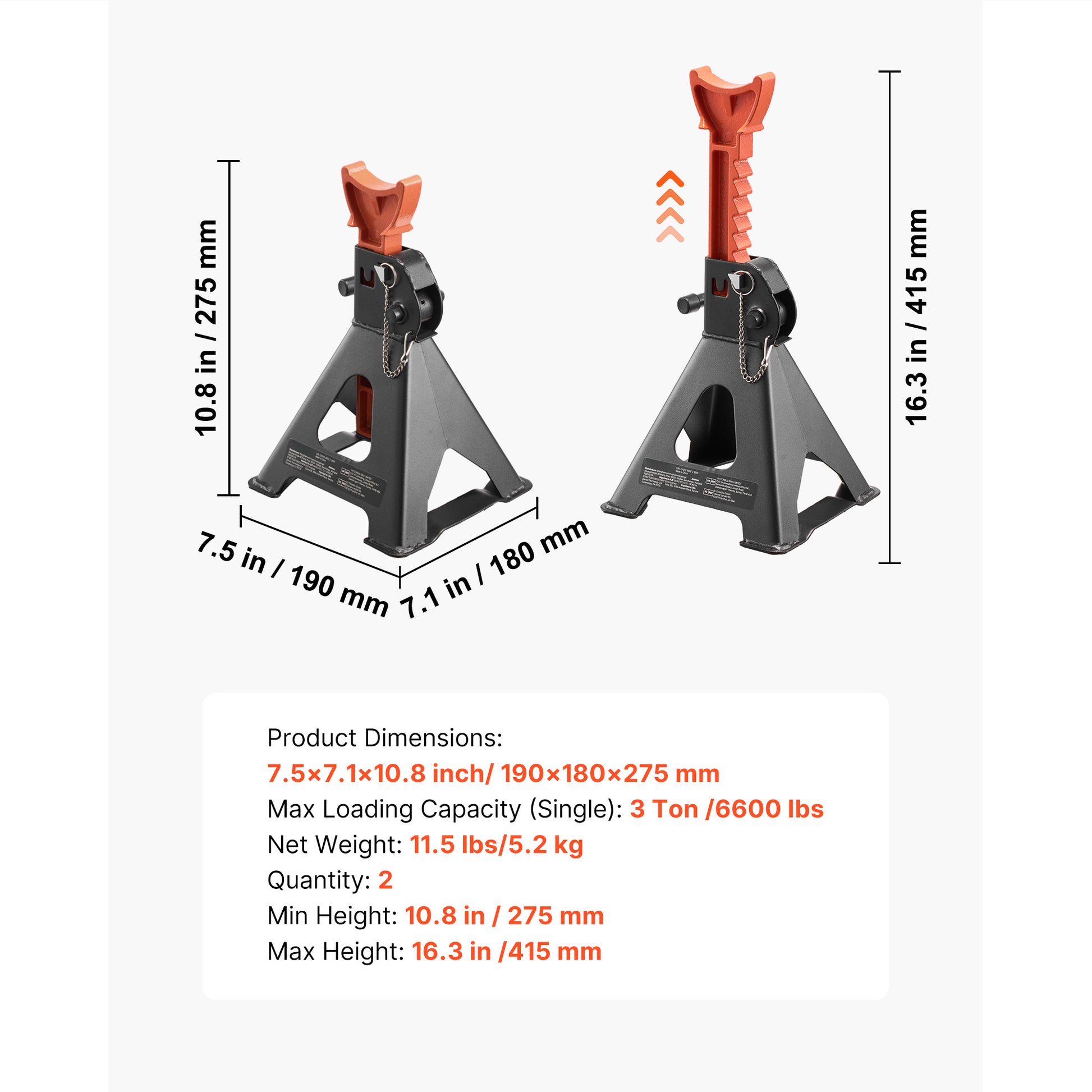 Jack Stands, 3 Ton (6,600 lbs) Capacity, 10.8-16.3 in Adjustable Height, Heavy Duty Steel Jack Auto Stands with Double Locking, for Lifting SUV, Pickup, Car, UTV/ATV, 1 Pair, Black and Orange image 7