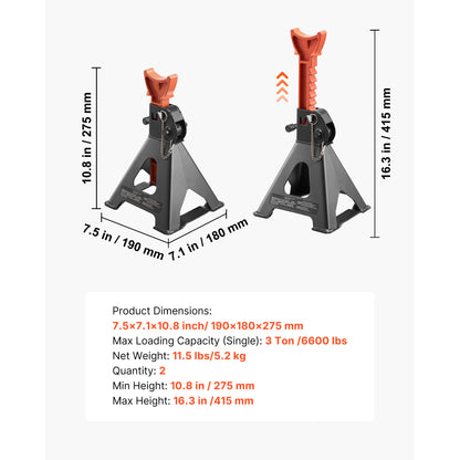 Jack Stands, 3 Ton (6,600 lbs) Capacity, 10.8-16.3 in Adjustable Height, Heavy Duty Steel Jack Auto Stands with Double Locking, for Lifting SUV, Pickup, Car, UTV/ATV, 1 Pair, Black and Orange image 7