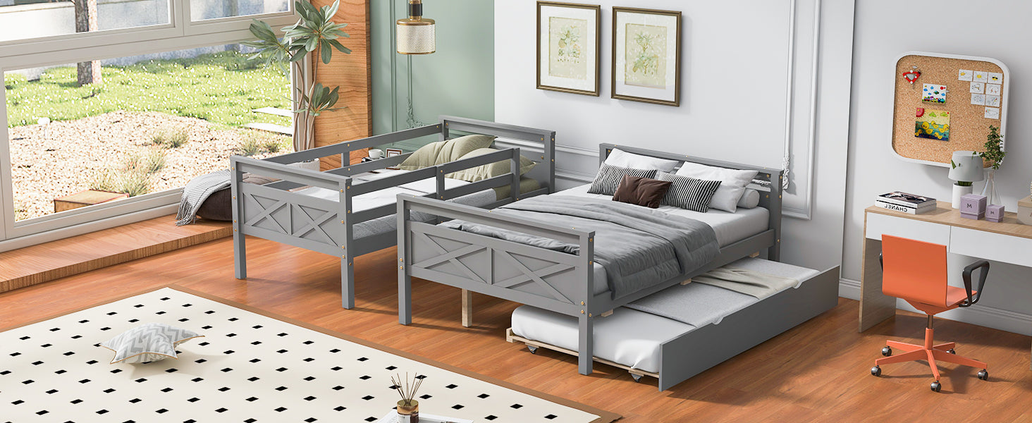 Twin over Full Bunk Bed with Ladder, Twin Size Trundle, Safety Guardrail, Gray image 7