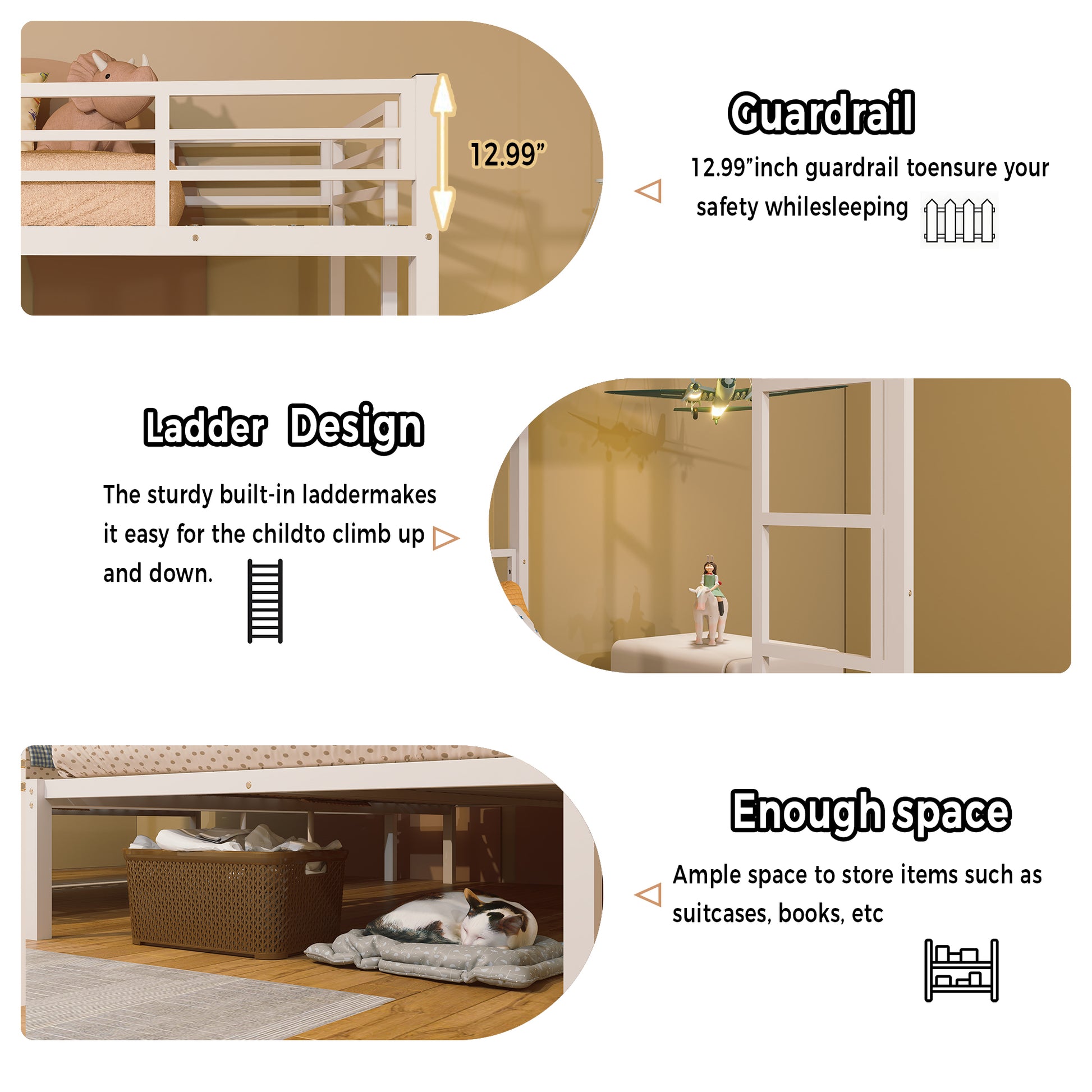 Triple Bunk Bed for Kids,3 Bed Bunk Beds for 3,Metal Triple Bunk Beds,Separates Into 3 Twin Beds,Noise Reduced Structure,White image 6