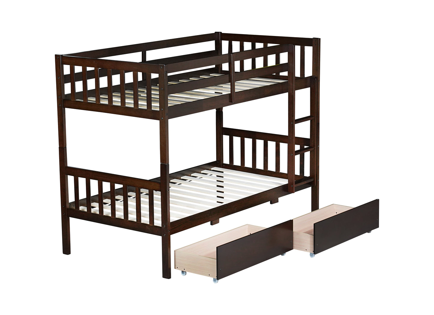 Twin Over Twin Rubber Wood Bunk Bed with 2 Drawers, Convertible into 2 Twin Beds, Twin Size Bunk Bed with Ladder and Safety Guardrails,Espresso (Old Sku W504S00200) image 9