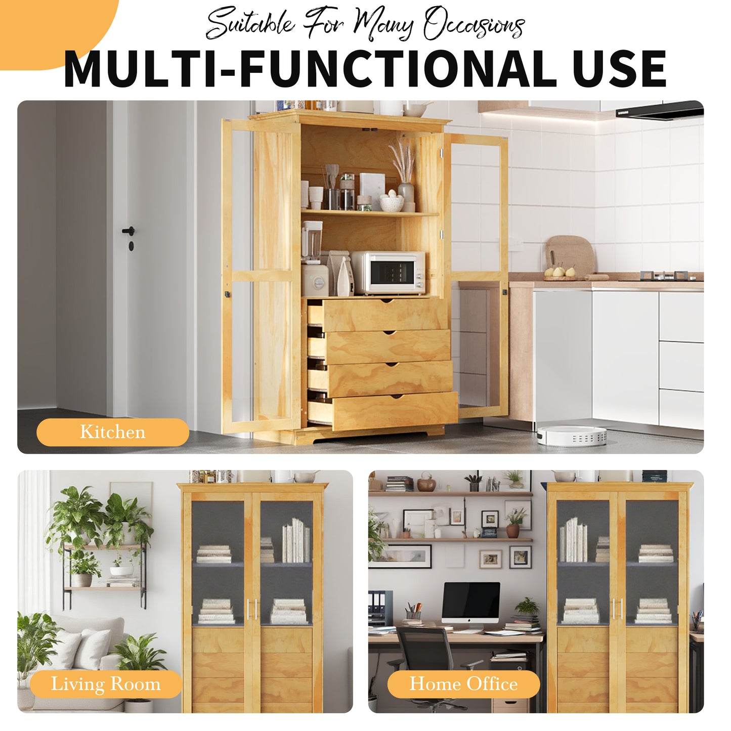 TOPMAX 44.7x20x75inch Kitchen Pantry, Freestanding Kitchen Storage Cabinet Display Cabinet with Glass Doors and 4 Built-in Drawers for Living Room, Home Office, Natural image 9