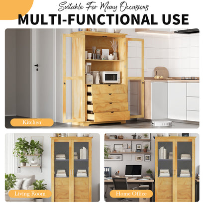 TOPMAX 44.7x20x75inch Kitchen Pantry, Freestanding Kitchen Storage Cabinet Display Cabinet with Glass Doors and 4 Built-in Drawers for Living Room, Home Office, Natural image 9