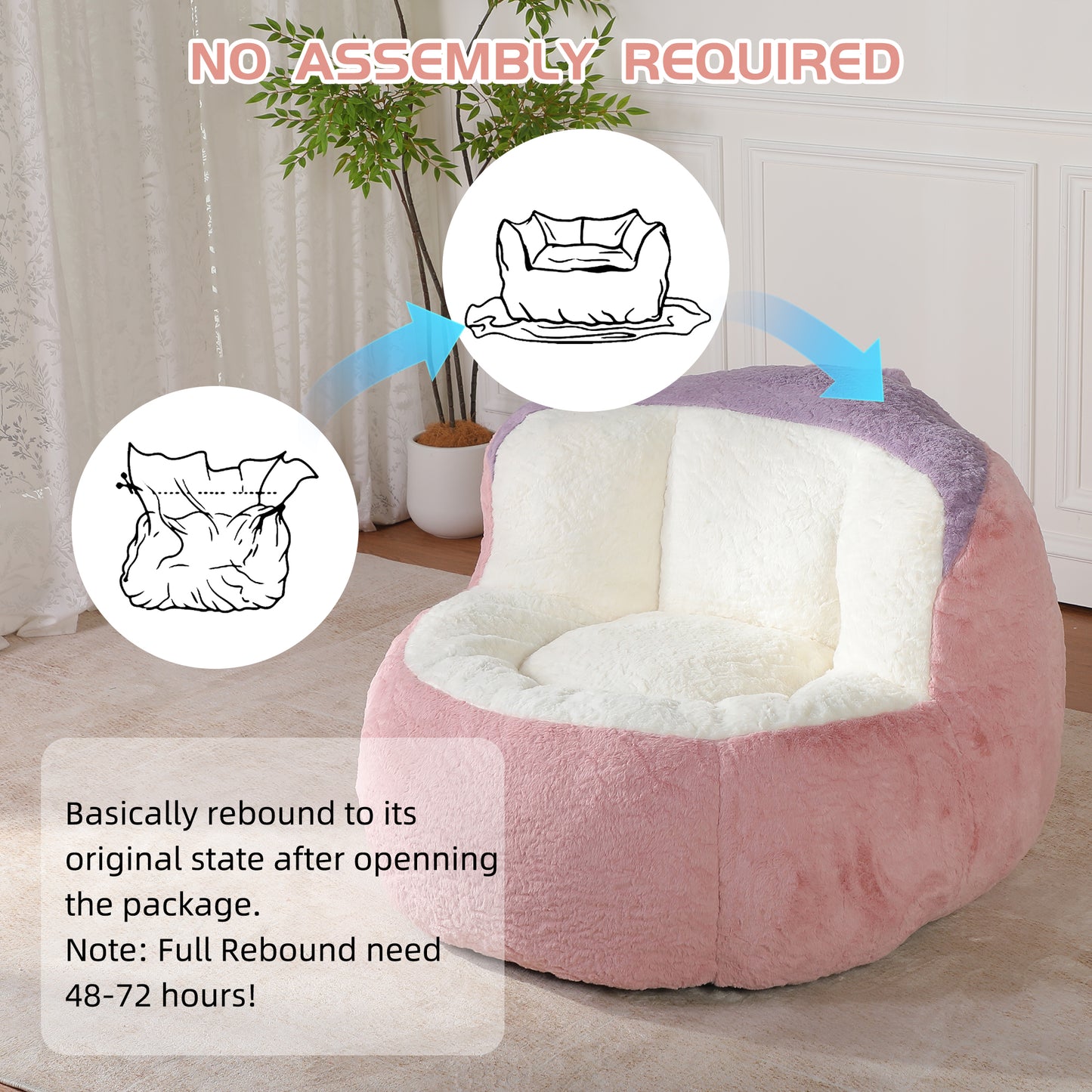 Oversized Bean Bag Chairs,Multicolor Faux Fur Couch Filled with Shredded Sponge,Large Lounger Sofa For Living Room,No Assembly Required, Pink+White+Purple image 9