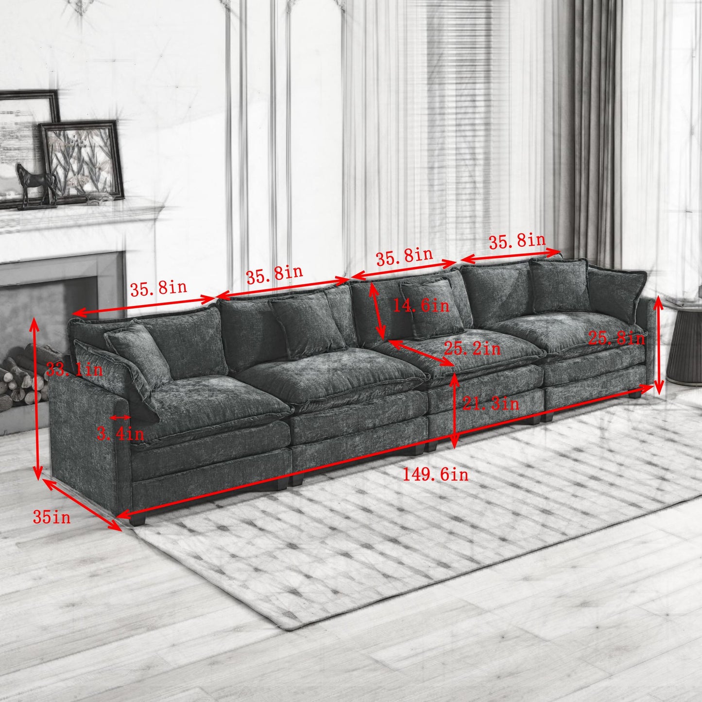 Cloud Sofa 4 Seats (Ottoman is not included), Modern Sectional Couch, for Living Room Bedroom and Apartment, Comfy Double Layer Upholstered Seat Cushion, Breathable Chenille Fabric, Green,SW5014GN image 5
