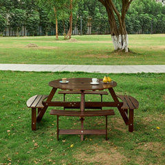 8-Person Outdoor Round Picnic Table Set with 4 Built-in Benches & Umbrella Hole - Perfect for Garden, Backyard, Porch & Patio - Brown Wood
