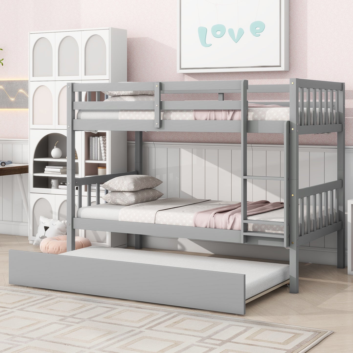 Twin Over Twin Rubber Wood Bunk Bed with Trundle, Convertible into Twin Size Beds, Twin Size Bunk Bed with Ladder and Safety Guardrails,Grey image 1