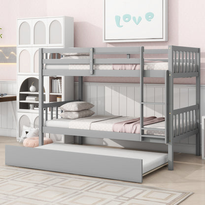 Twin Over Twin Rubber Wood Bunk Bed with Trundle, Convertible into Twin Size Beds, Twin Size Bunk Bed with Ladder and Safety Guardrails,Grey image 1