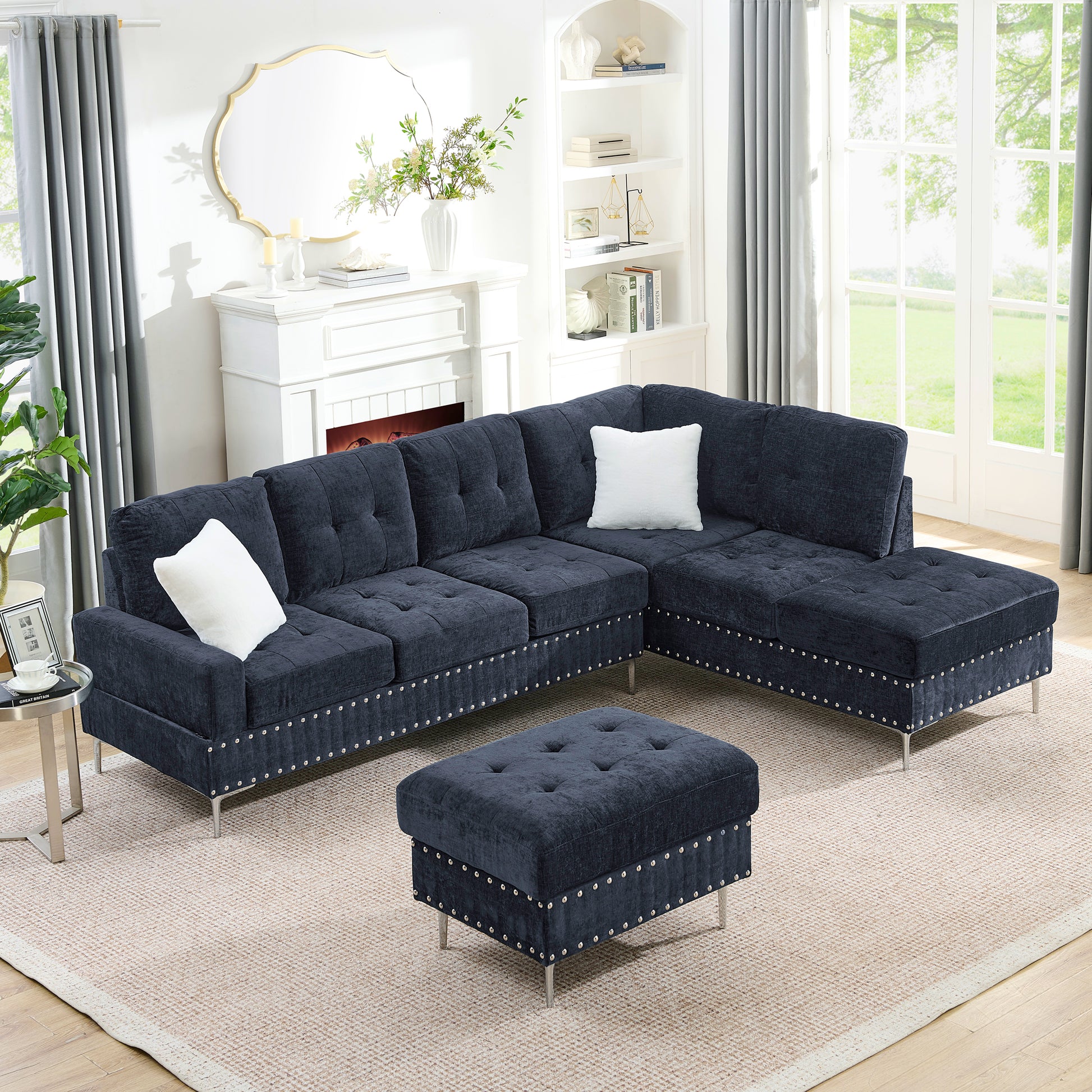 Sectional 3-Seaters Sofa with Chaise, Storage Ottoman, Metal Legs and Copper Nails,Two White Pillows,Navy Bule(102" x 76" x35") image 1
