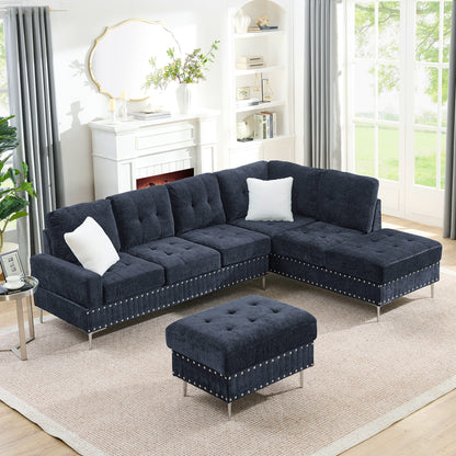 Sectional 3-Seaters Sofa with Chaise, Storage Ottoman, Metal Legs and Copper Nails,Two White Pillows,Navy Bule(102" x 76" x35") image 1
