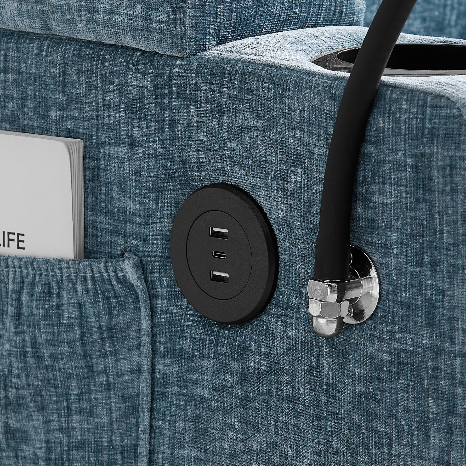 Single sofa recliner with manually adjustable backrest, USB charging port on the armrest side, phone stand included, hidden armrest storage, and a matching storage ottoman-Blue image 7