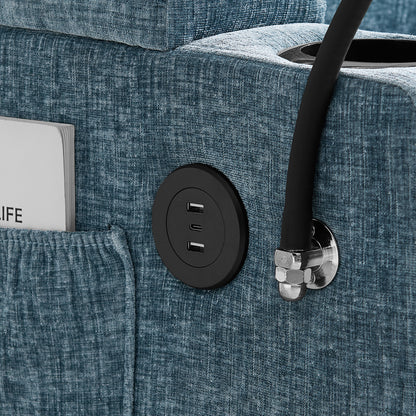Single sofa recliner with manually adjustable backrest, USB charging port on the armrest side, phone stand included, hidden armrest storage, and a matching storage ottoman-Blue image 7