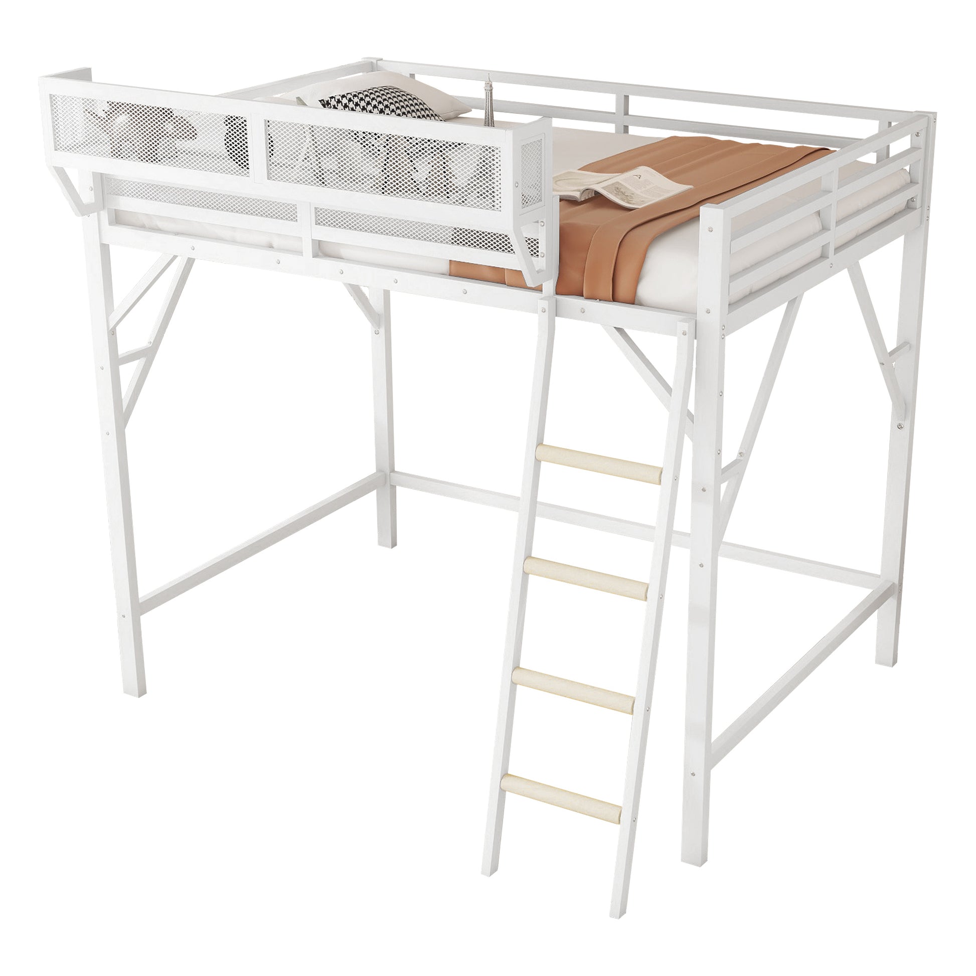 Queen Size Loft Bed with Ladder, Metal Queen Loft Bed with Storage Shelves, High Loft Bed for Kids Teens, White(Expect Arrival Date 2025/12/3 Old SKU W2580P351278) image 6