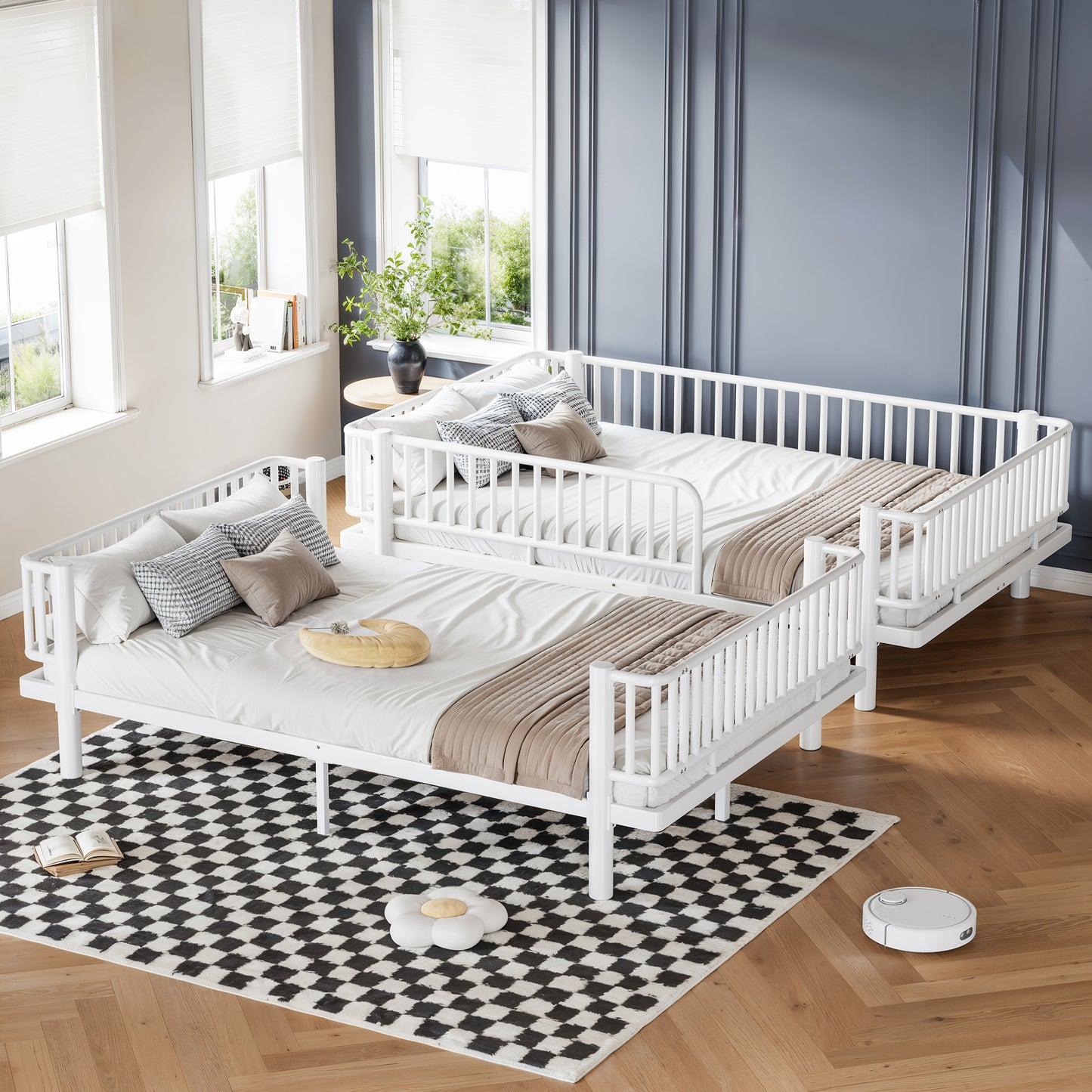 Queen over Queen Bunk Bed with Ladders & Guardrails, Metal Bunk Bed Frame with Upgraded Safety Round-Pipe Design, Can Transformed into 2 Platform Bed, White image 4