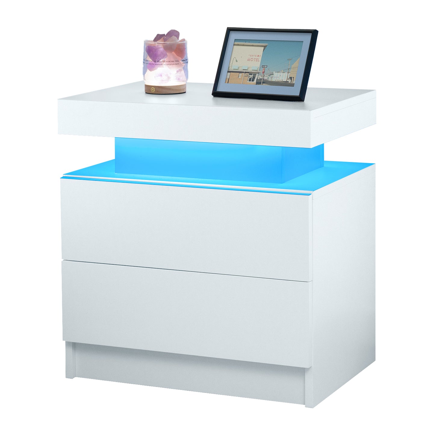 Nightstand LED Bedside Table Cabinet Lights Modern End Side with 2 Drawers for Bedroom (White) image 7