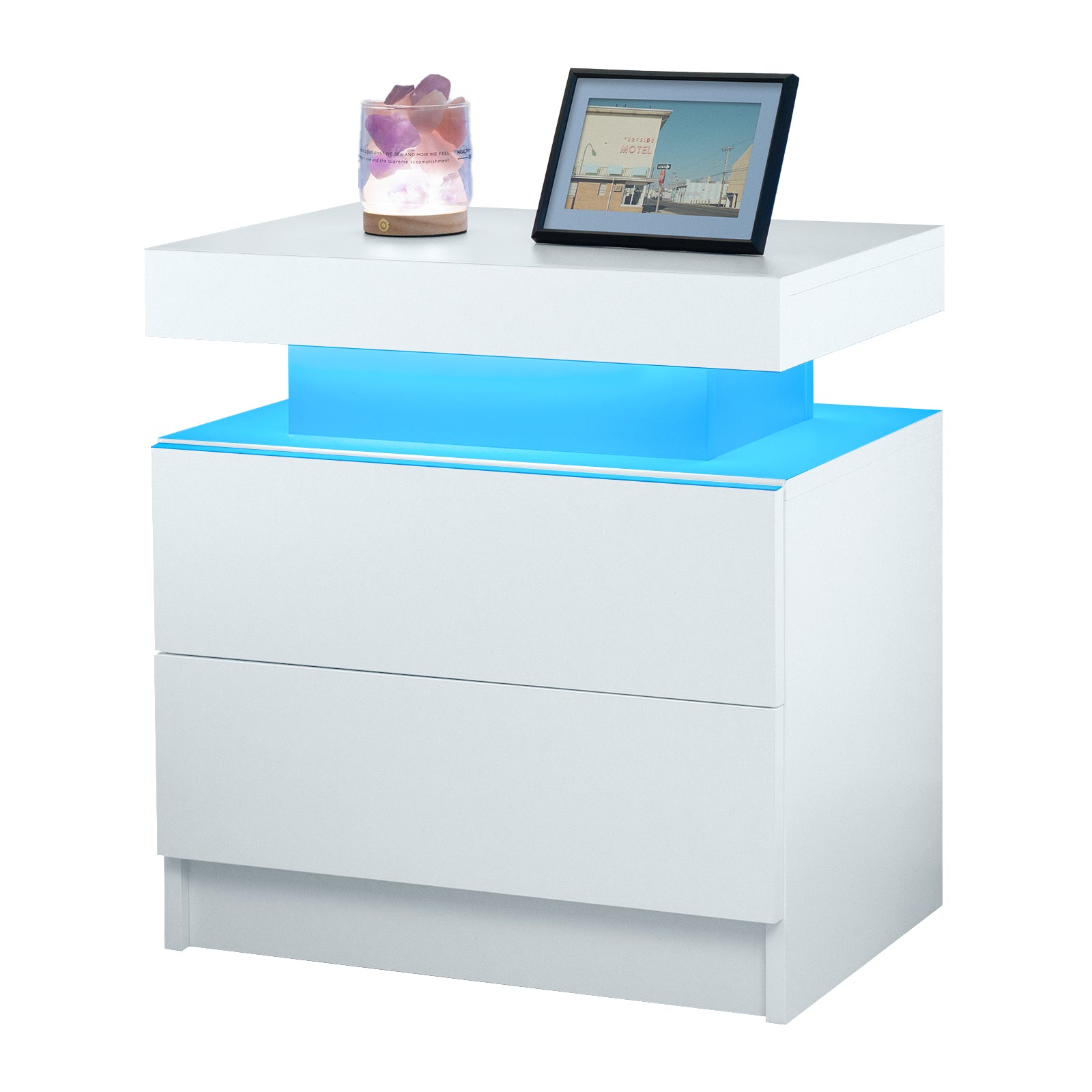 Nightstand LED Bedside Table Cabinet Lights Modern End Side with 2 Drawers for Bedroom (White) image 7