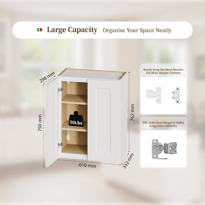 24 Inch White Shaker Double Door Wall Cabinet Solid Wood with 2 adjustable shelves Ready to Assemble for Kitchen,Bathroom,Laundry and Garage Storage(24"W×12"D×30"H) image 6