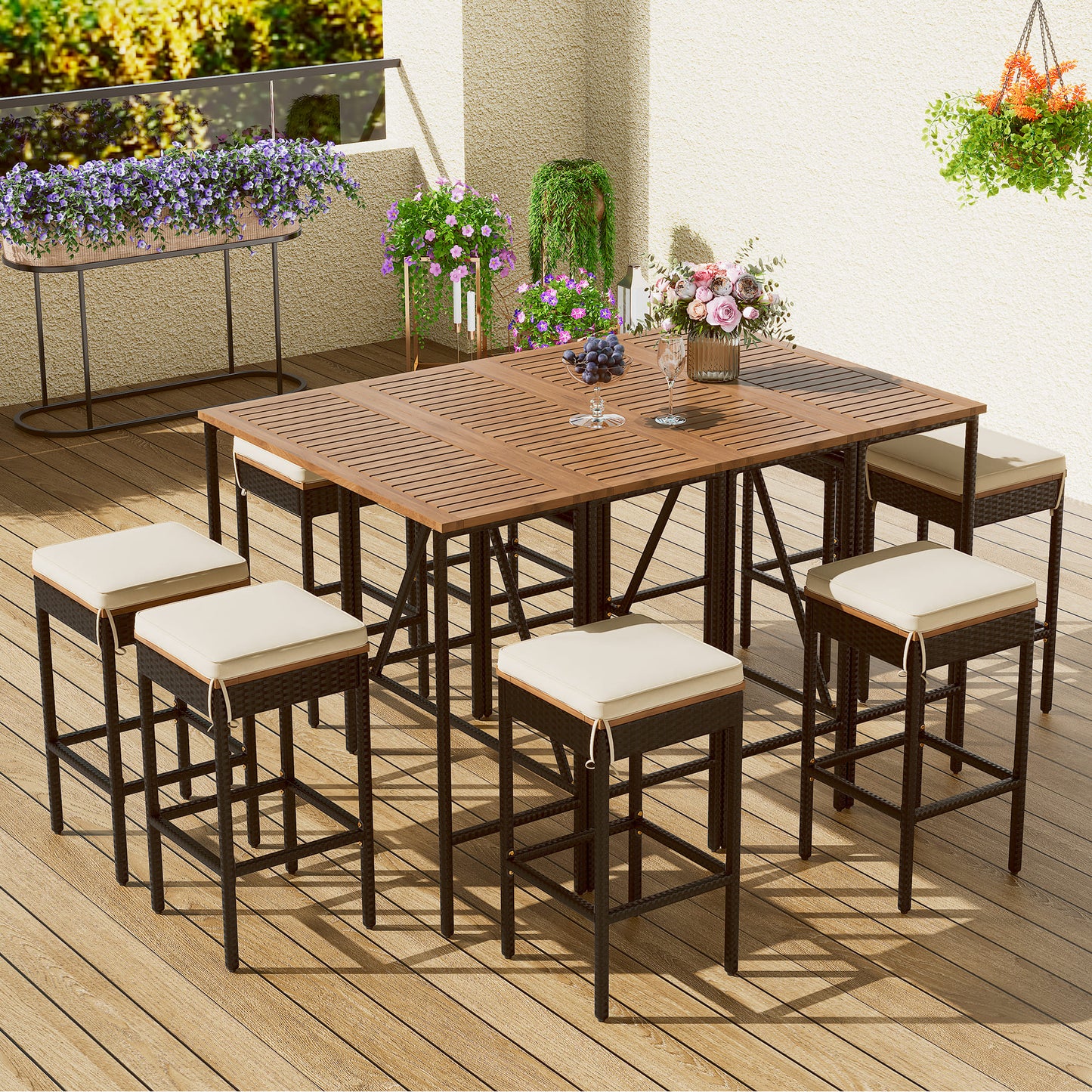 GO 10-Piece Outdoor Acacia Wood Bar Height Table And Eight Stools With Cushions, Garden PE Rattan Wicker Dining Table, Foldable Tabletop, High-Dining Bistro Set, All-Weather Patio Furniture, Brown image 3