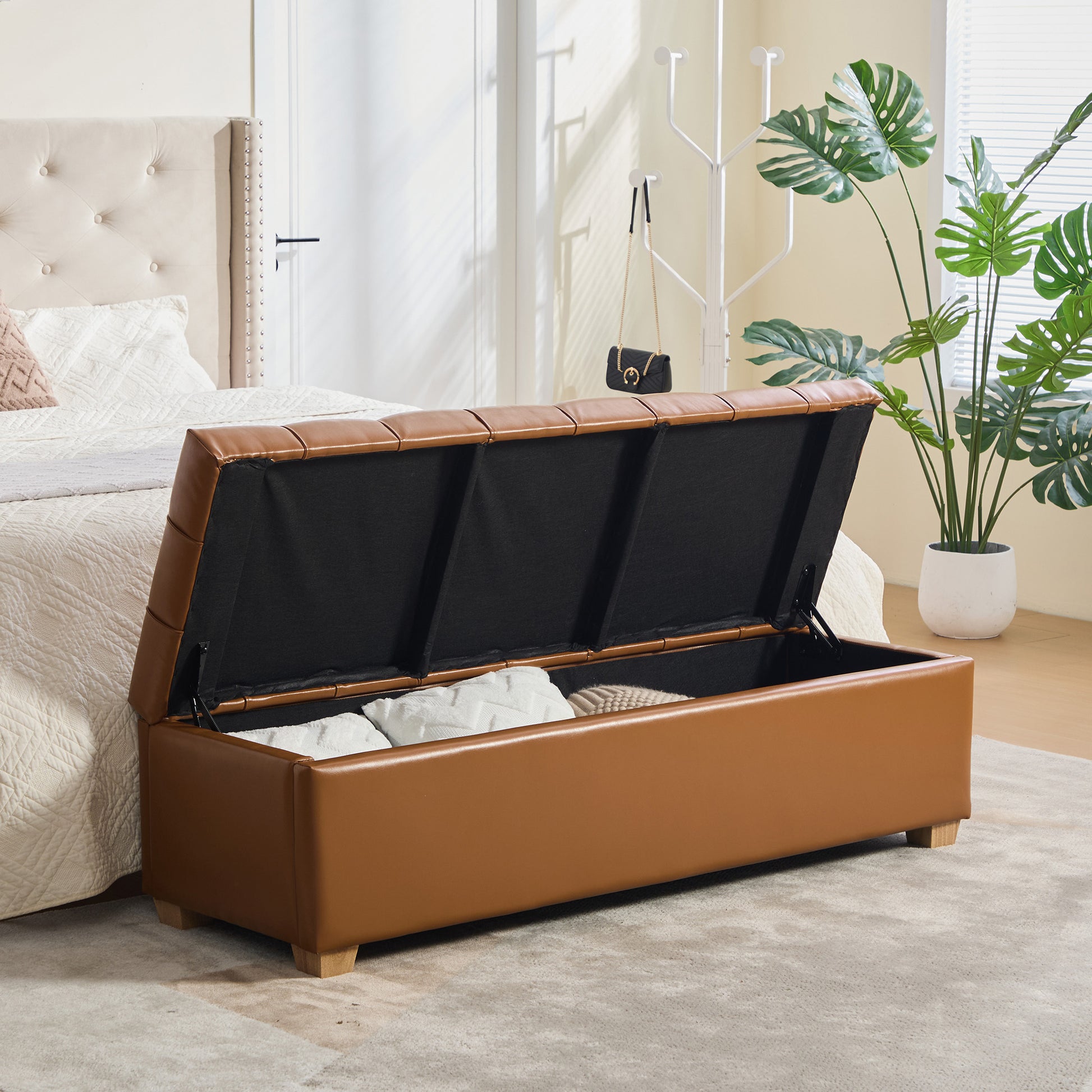 60.2'' Wide Upholstered PU Storage End of Bed Bench, Tufted Flip-Top Accent Window Bench Footrest Stool Ottoman with Legs for Living Room, Bedroom, Entryway, Dining Room, Dorm, Corner, Burnt Brown image 4