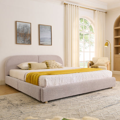 King Size Upholstered Bed Frame Modern Minimalist Style - Circle Yarn Fabric, Tall Curved Headboard, Sturdy Leg Support & Wheeled Drawer Storage, Mattress Not Included - Pink image 2