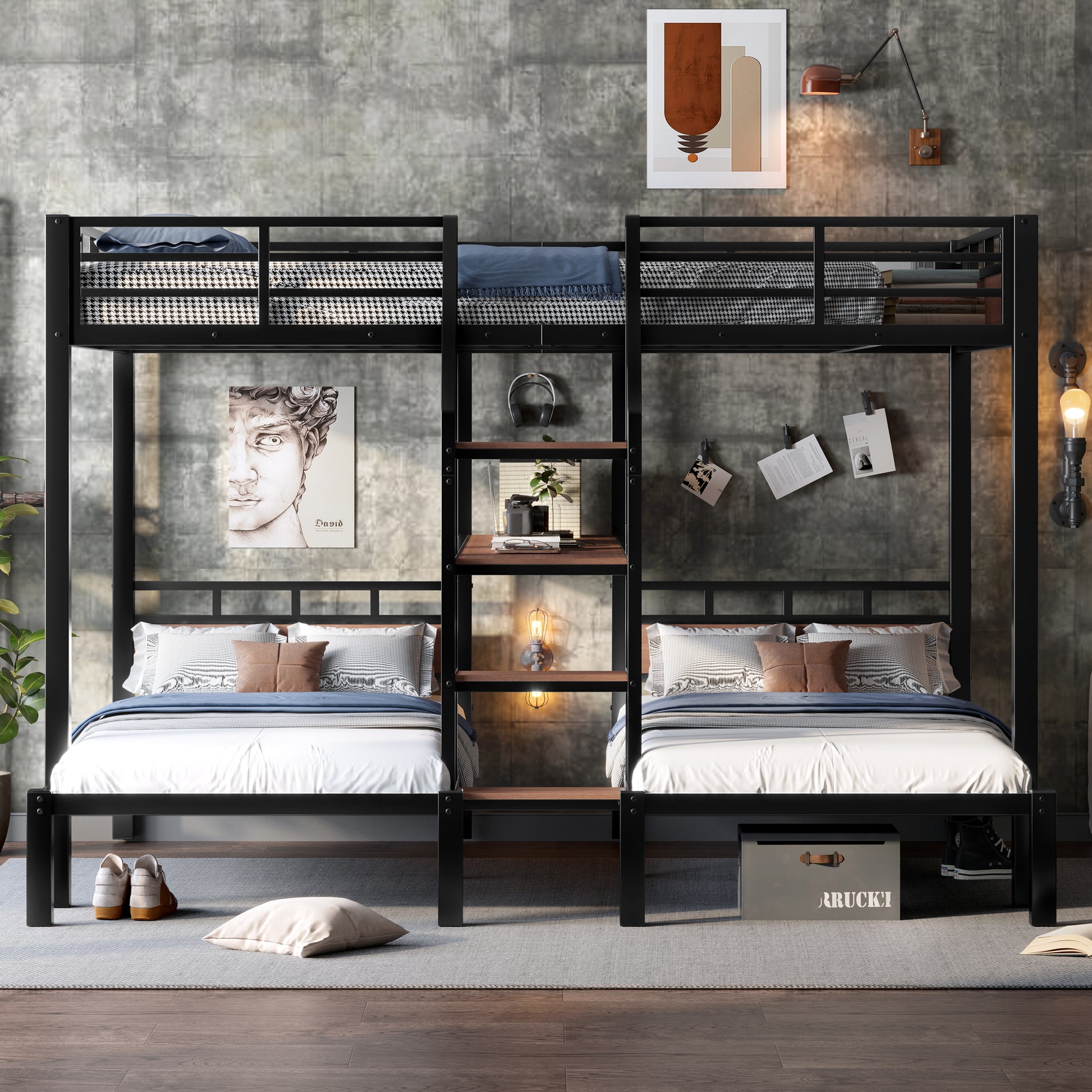 Queen over Twin over Twin Metal Bunk Bed,triple metal bunk bed with Storage shelves and storage stairs,Black image 2