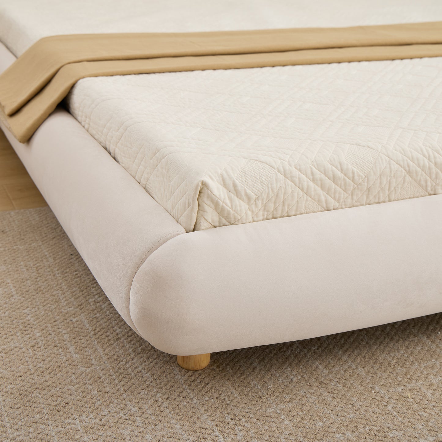 King Size,Modern Curved Upholstered Low Profile Platform Bed with Rounded Headboard(Velvet,Beige) image 5