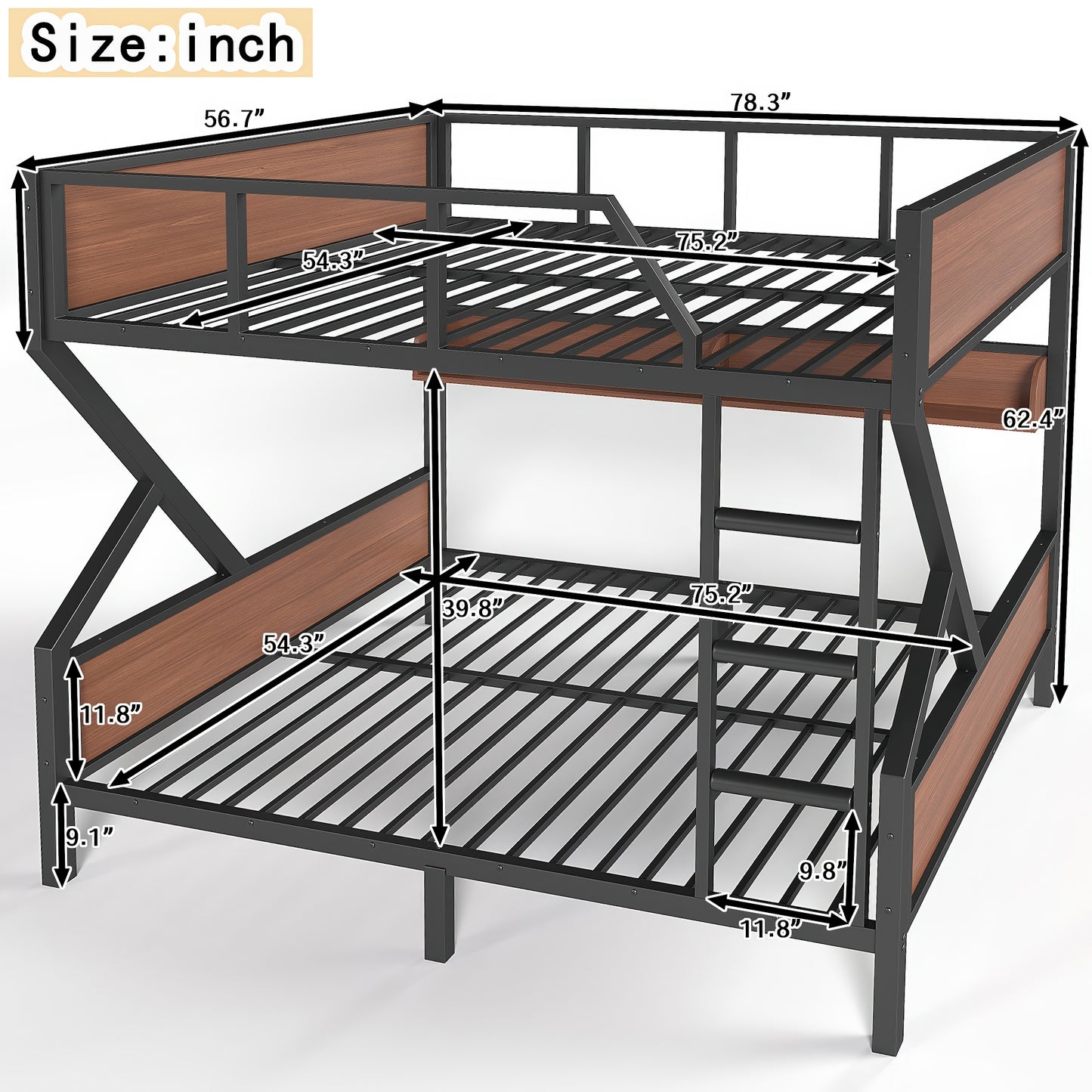 Full over Full Bunk Bed, Metal Bunk Bed with Storage Shelves and Lights, Space-saving & Noise-free Design, Black image 4