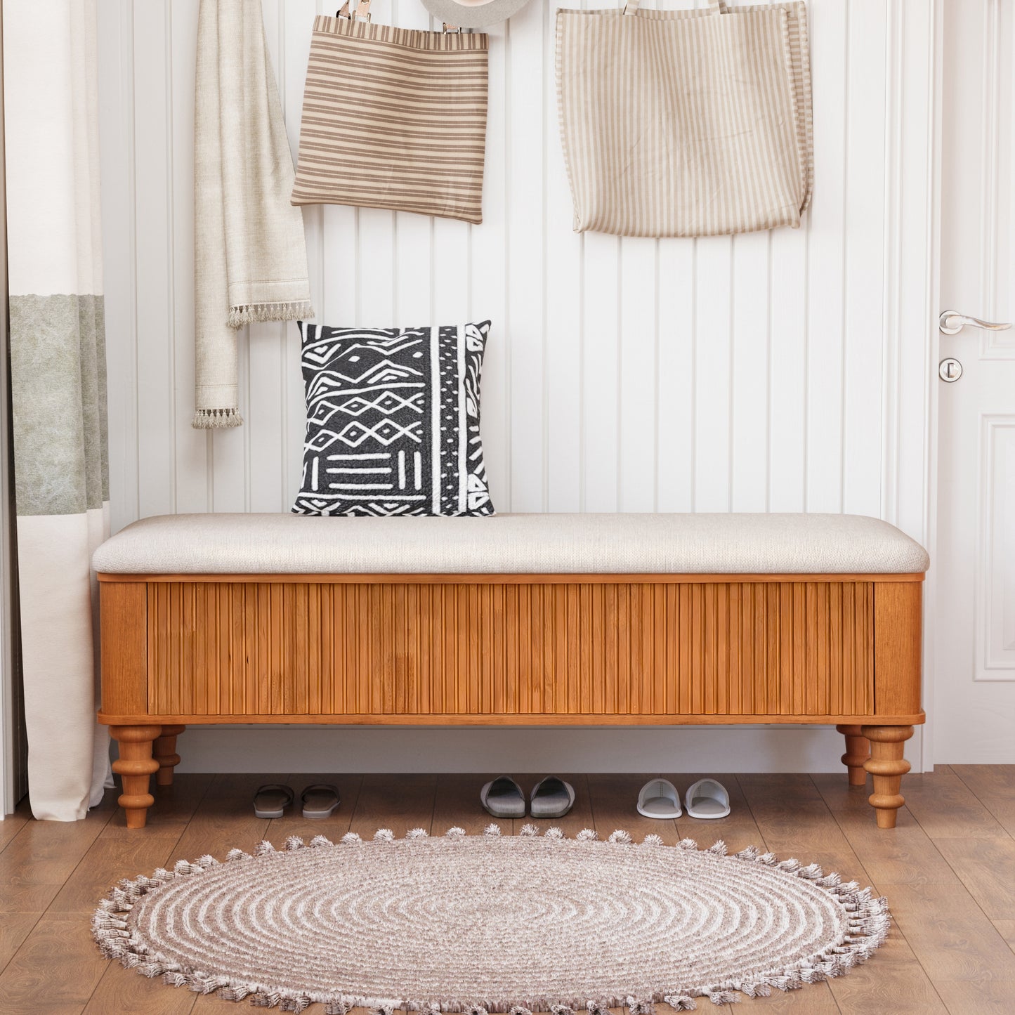 50.8-inch Multi-Functional Storage Ottoman Bench-Solid Rubberwood Bed End Bench with Linen Seat, Storage Bench for Bedroom, Entryway Shoe Organizer for Bedroom, Living Room, Entryway, Closet, Natural image 3