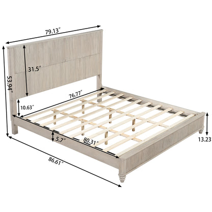 Solid Wood Bed Frame,King Platform Bed Frame with Headboard,Tall Headboard Natural Wood Bed,No Box Spring Needed,Beige image 4