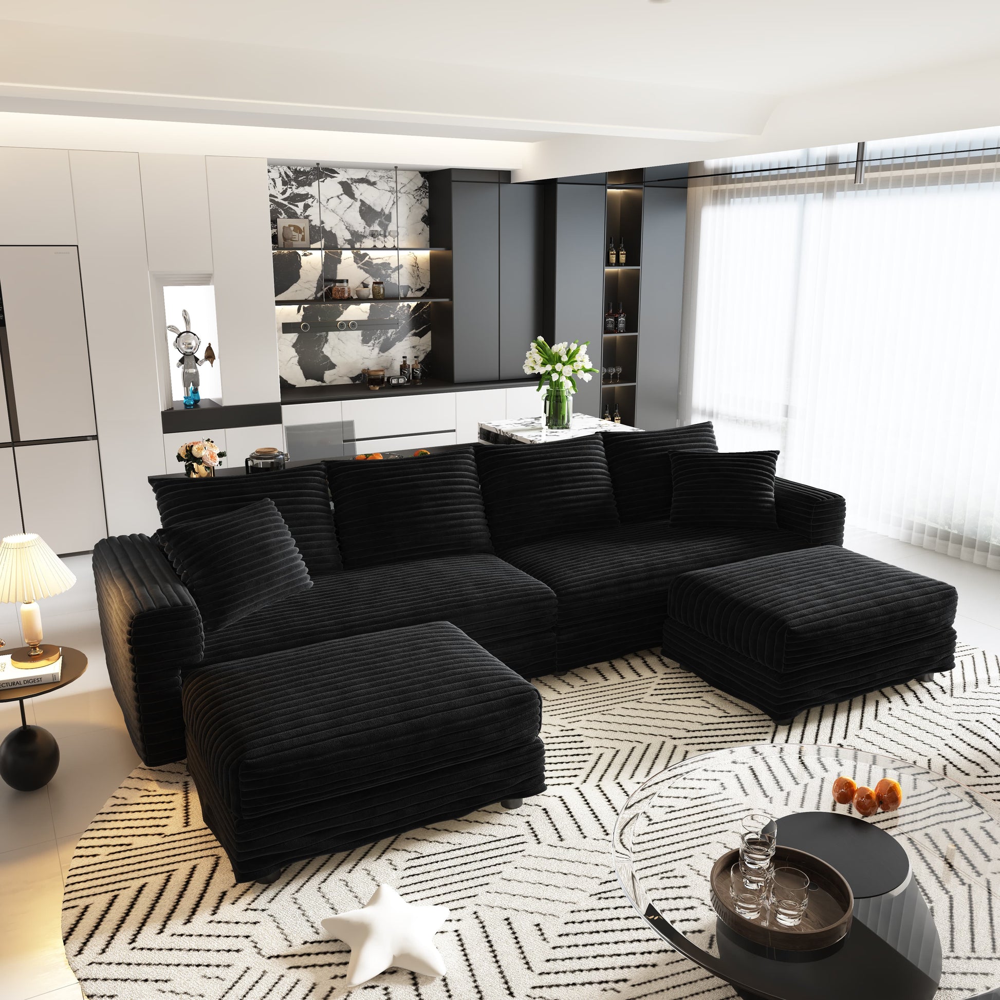102.4 "Plush Corduroy 4-Seat Sofa,Modern Comfy Upholstered Sofa Cloud Couch,Deep Seat Couches with Soft Pillows and 2 Ottomans,Convertible Sofa Lounge Chair,Black(Old SKU:W1885S00282) image 1