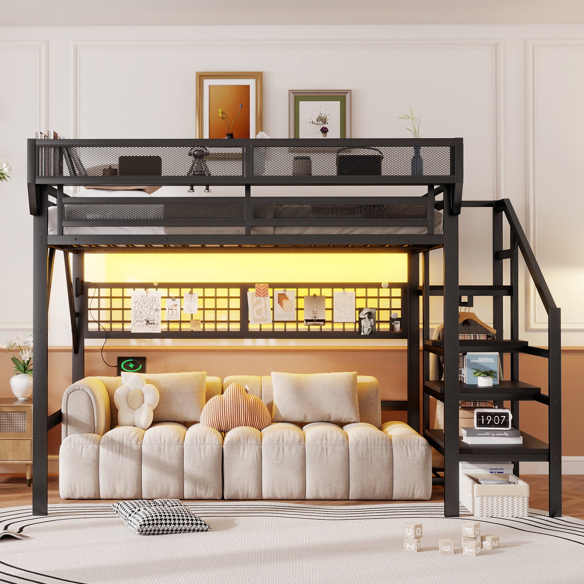 Full Size Loft Bed with Charging Station, Metal Full Loft Bed with Light and Storage, High Loft Bed with Wardrobe and Storage for Kids Teens Adults, Black(Old SKU W2580S00051) image 2