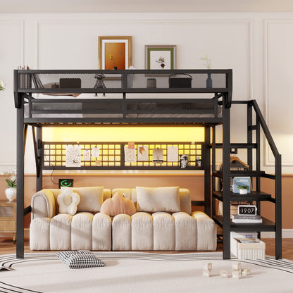 Full Size Loft Bed with Charging Station, Metal Full Loft Bed with Light and Storage, High Loft Bed with Wardrobe and Storage for Kids Teens Adults, Black(Old SKU W2580S00051) image 2