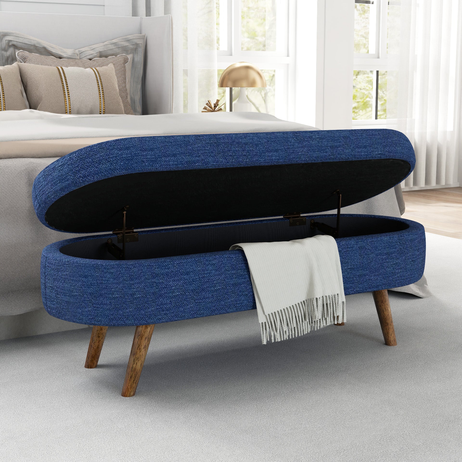 Ottoman Oval Storage Bench,Rubber Wood Legs,BLUE(43.5"x16"x16") image 2