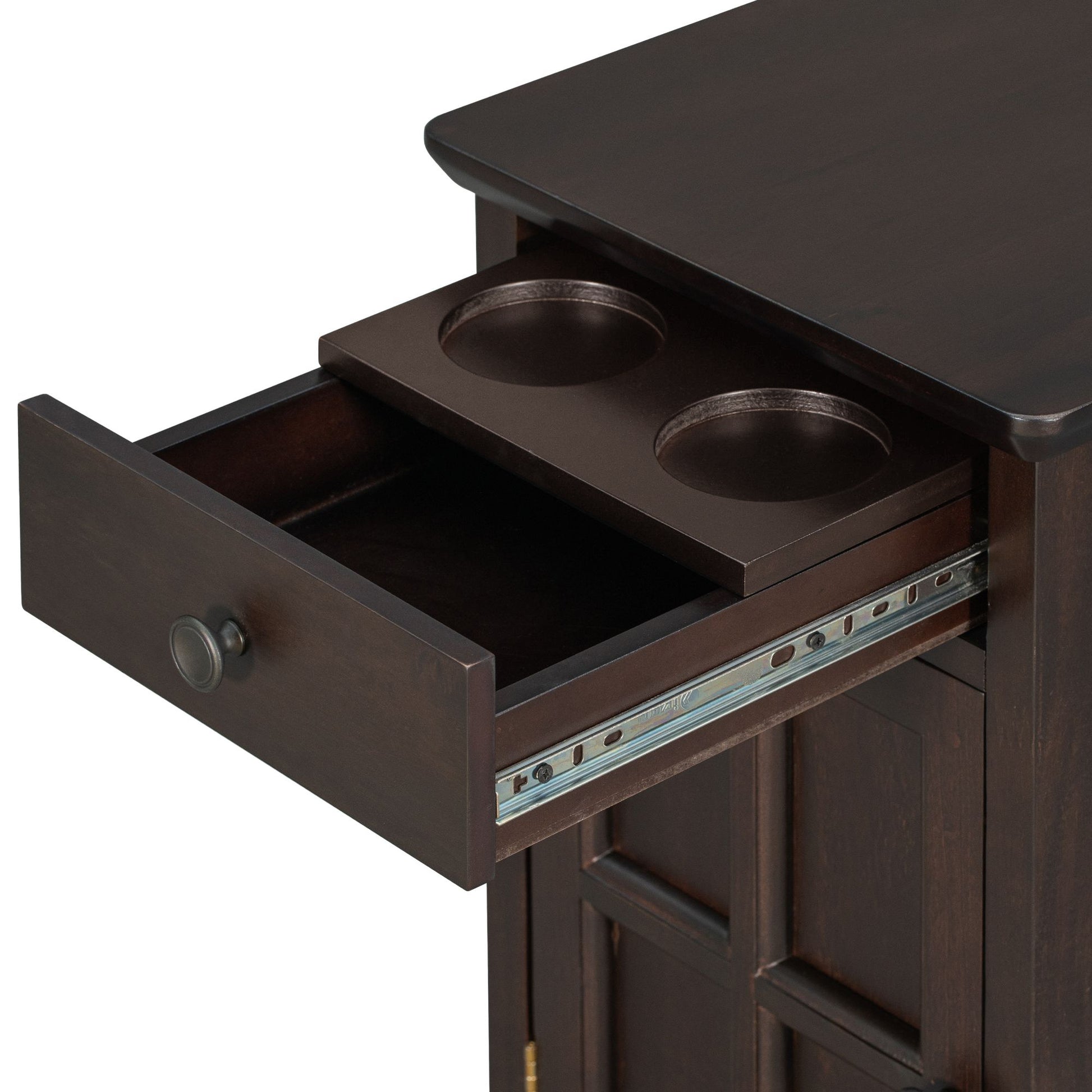 U-Can Classic Vintage Livingroom End Table Side Table with USB Ports and One Multifunctional Drawer with cup holders, Antique Espresso (Old SKU: WF296294AAP) image 11