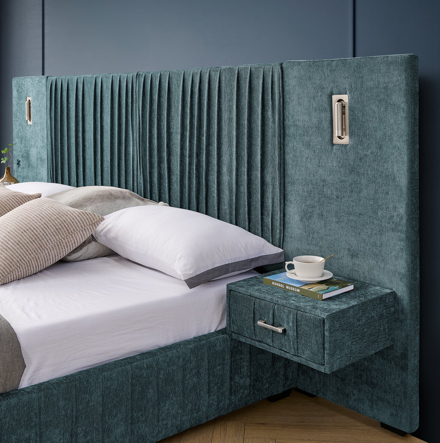 King Size Upholstered Bed Frame with Chenille fabric with pleated design,Grounded King Size Platform Bed with Headboard and Solid Frame and the bedside table.No Box Spring Needed-Blue-Green image 8